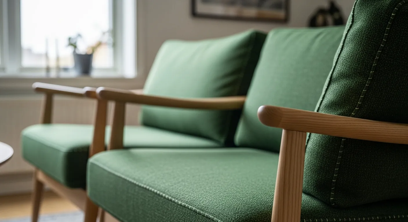 Elegant emerald green sofa with light wood tones in a bright Scandinavian living room