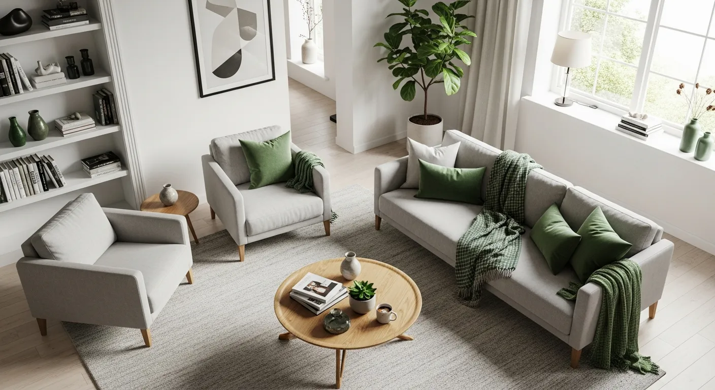 Minimalist Scandinavian backdrop contrasting with a rich emerald green sofa