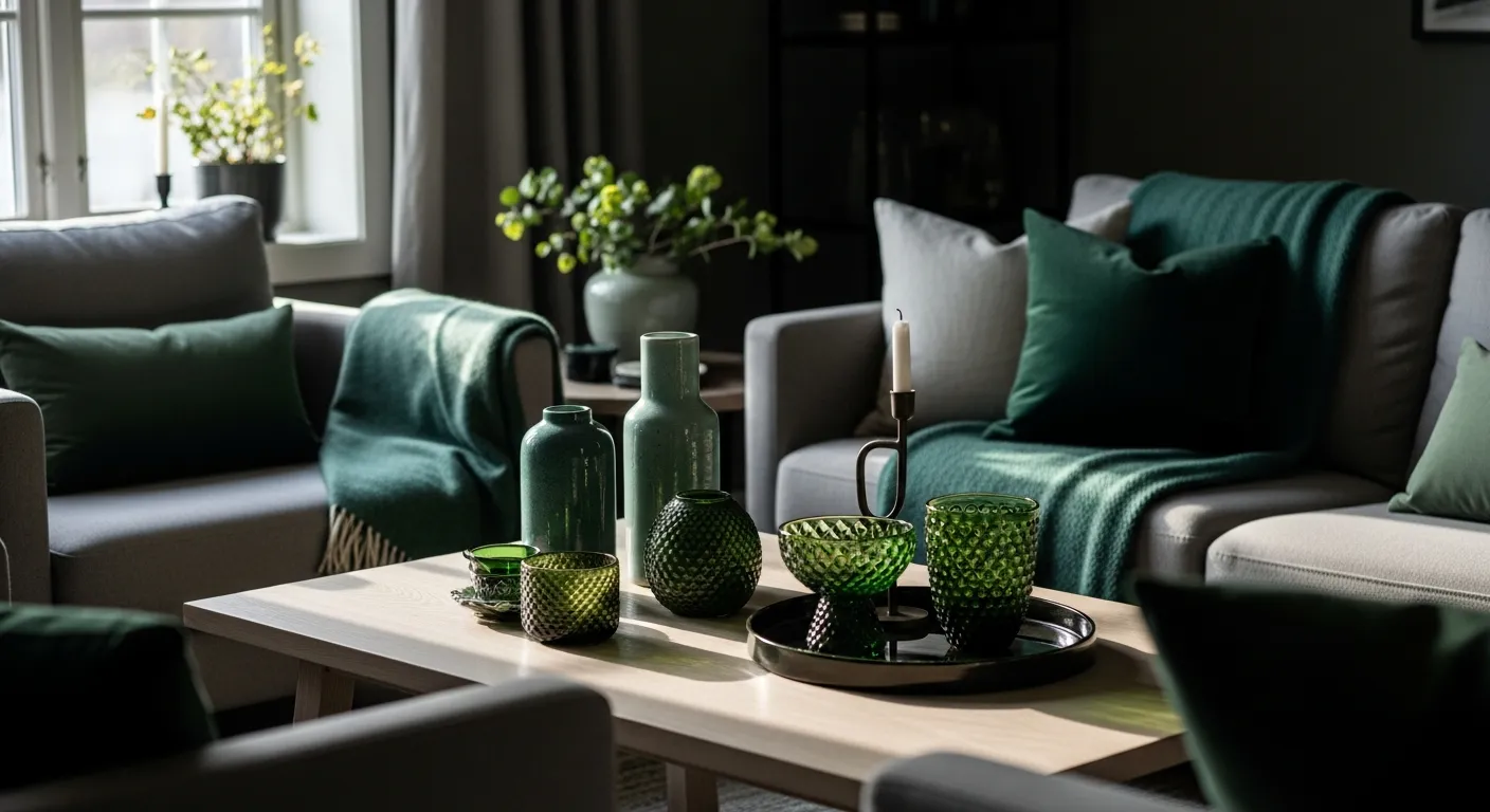 Cozy Scandinavian living room with emerald green furniture and light wood flooring