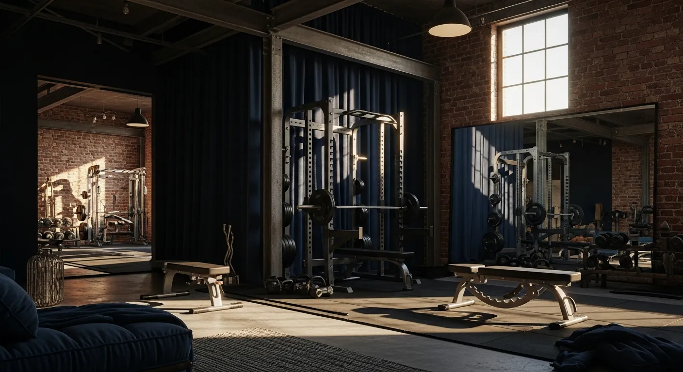 Dark metal equipment and moody lighting in a fitness sanctuary