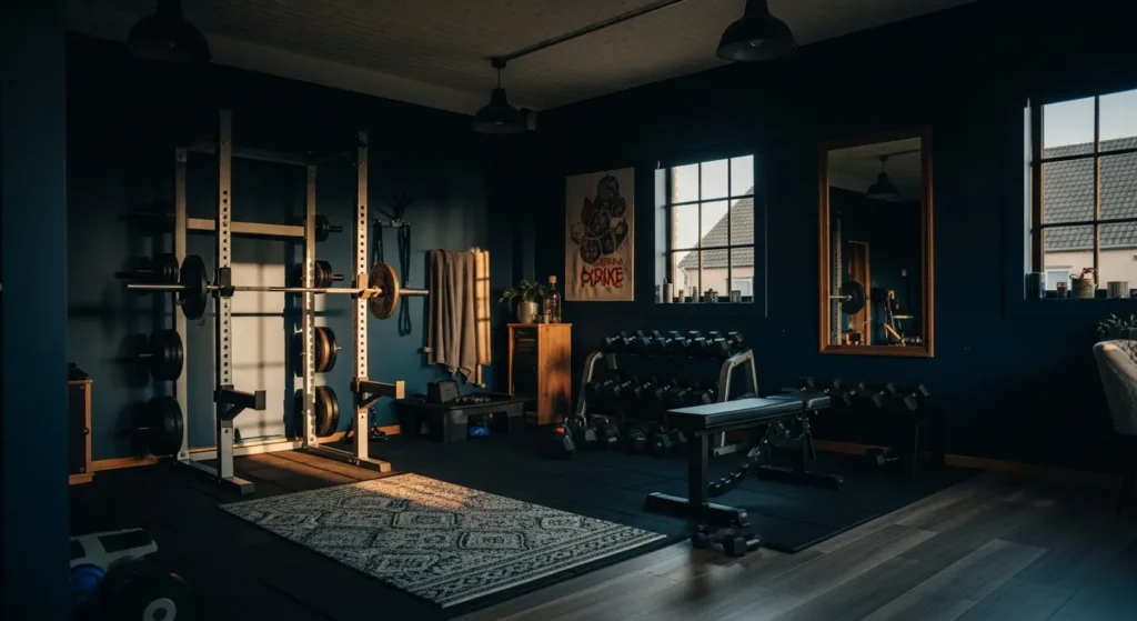 Moody industrial home gym featuring midnight blue walls, metal accents, and sleek fitness equipment.