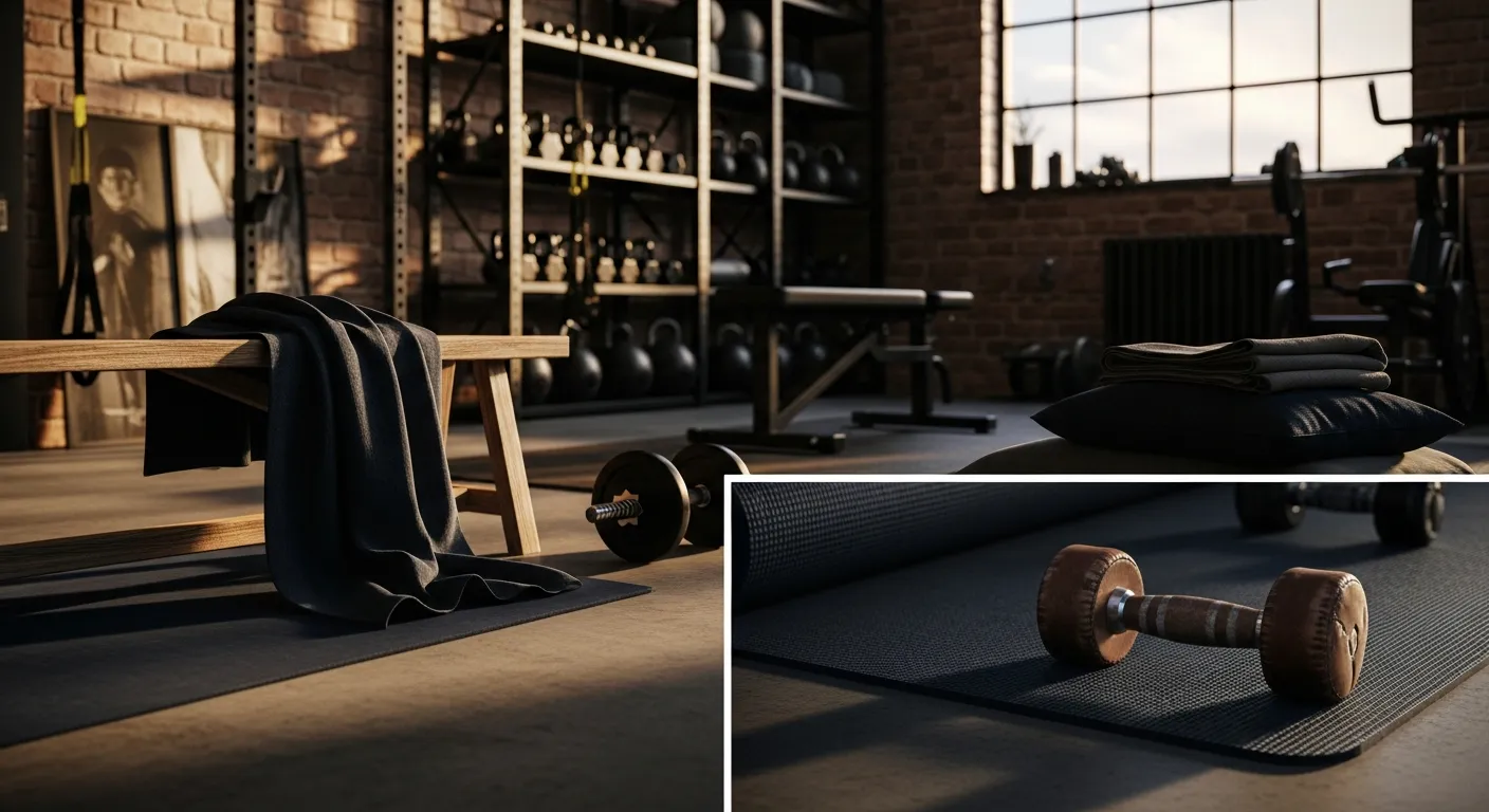 Raw metal accents contrasting deeply colored home gym walls
