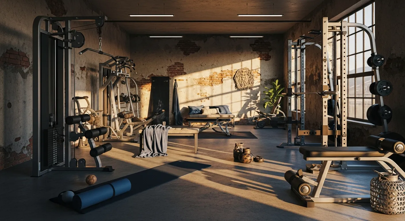 Sleek workout equipment balancing a moody industrial fitness space