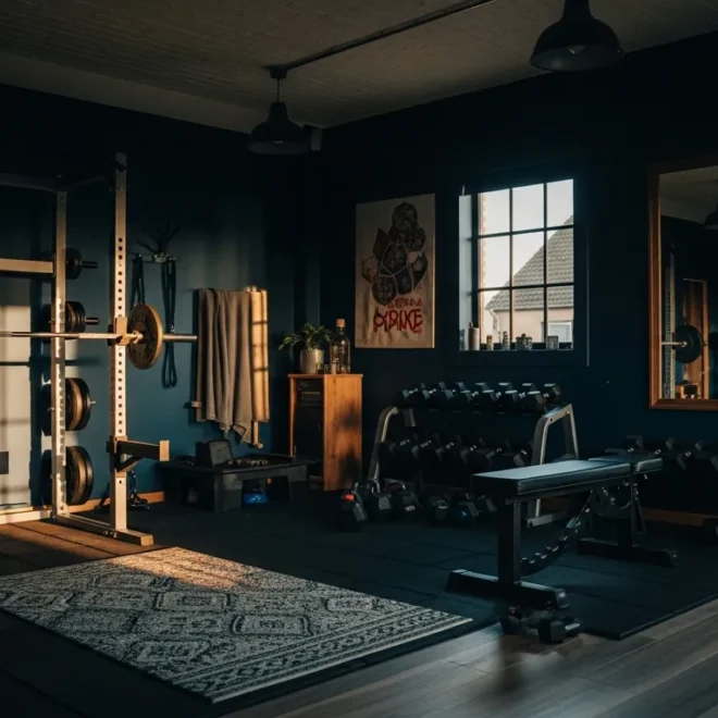 Moody industrial home gym featuring midnight blue walls, metal accents, and sleek fitness equipment.