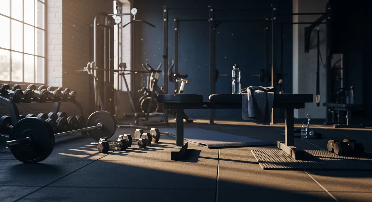 Atmospheric dark lighting highlighting raw metal weights at home