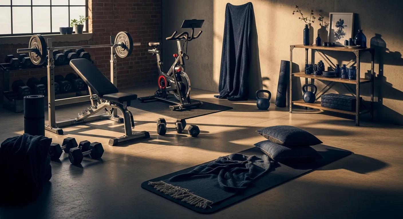 Dark midnight blue and exposed brick color palette in home gym