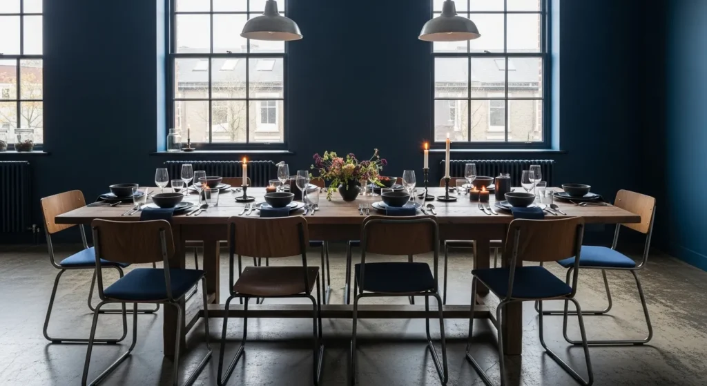 Industrial dining room featuring rich navy blue walls, metal accents, and rustic wood.