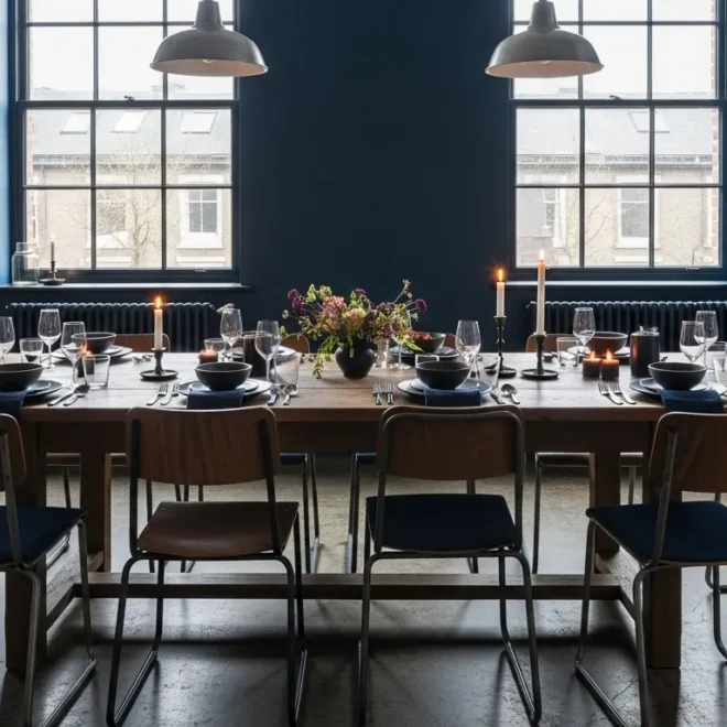 Industrial dining room featuring rich navy blue walls, metal accents, and rustic wood.