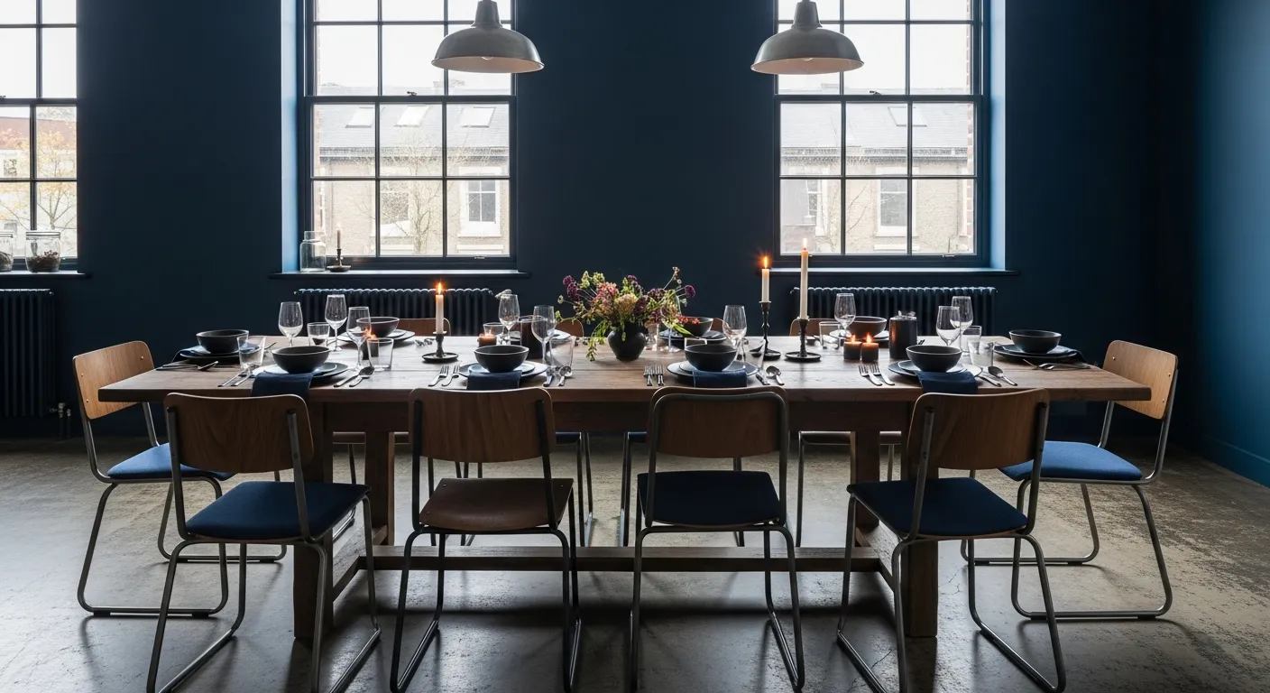 Industrial dining room featuring rich navy blue walls contrasting with metal accents and a rustic wood table.