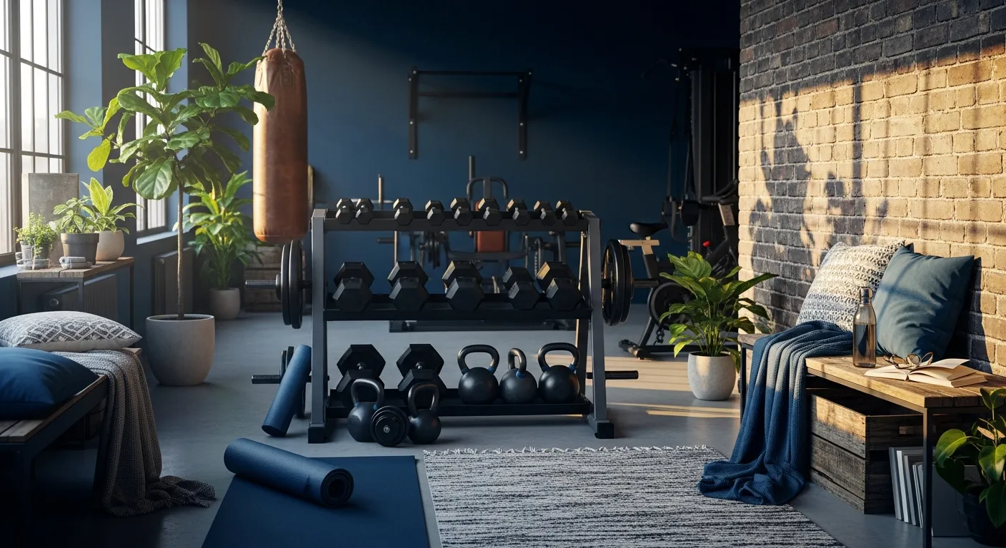 Styling tips and lighting for midnight blue industrial home gyms