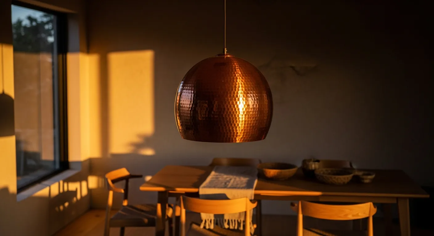 Recreating minimalist Japandi dining room ideas with warm copper accents and elegant wood furniture