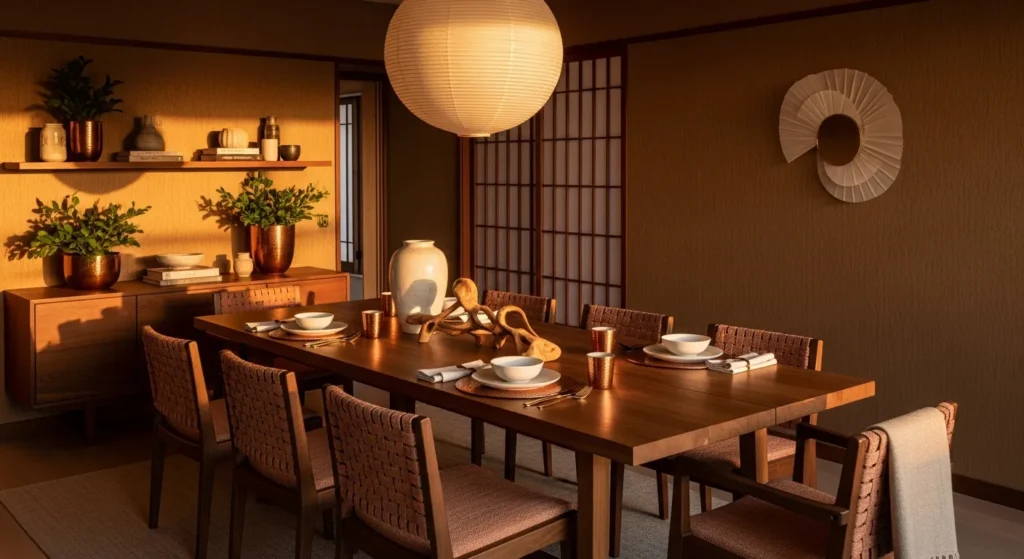 Minimalist Japandi dining room featuring a wooden table, sleek chairs, and warm copper accents.