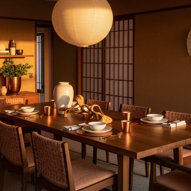 Minimalist Japandi dining room featuring a wooden table, sleek chairs, and warm copper accents.