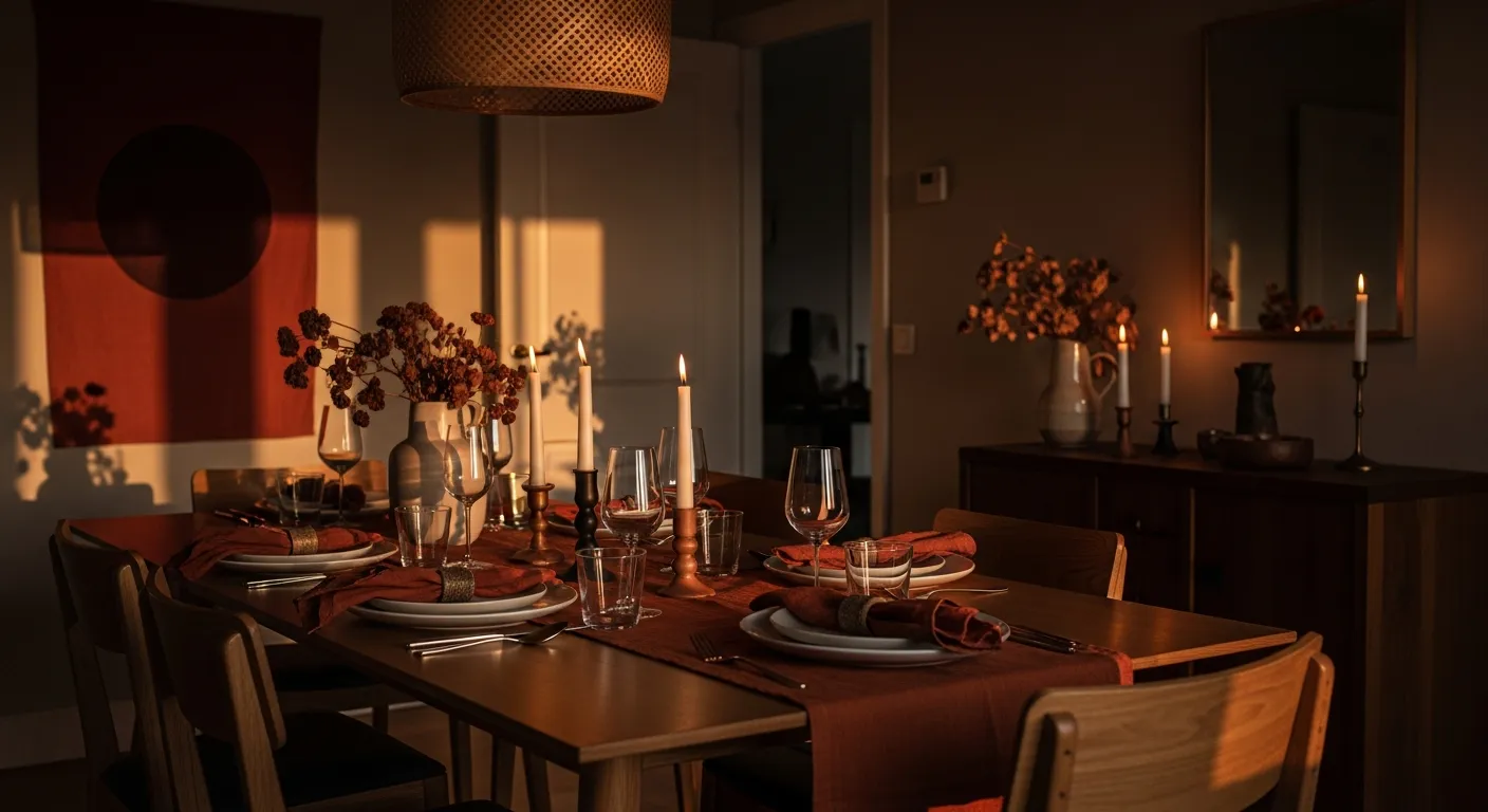 A natural wooden dining table anchoring minimalist Japandi dining room ideas with warm copper pendant lighting