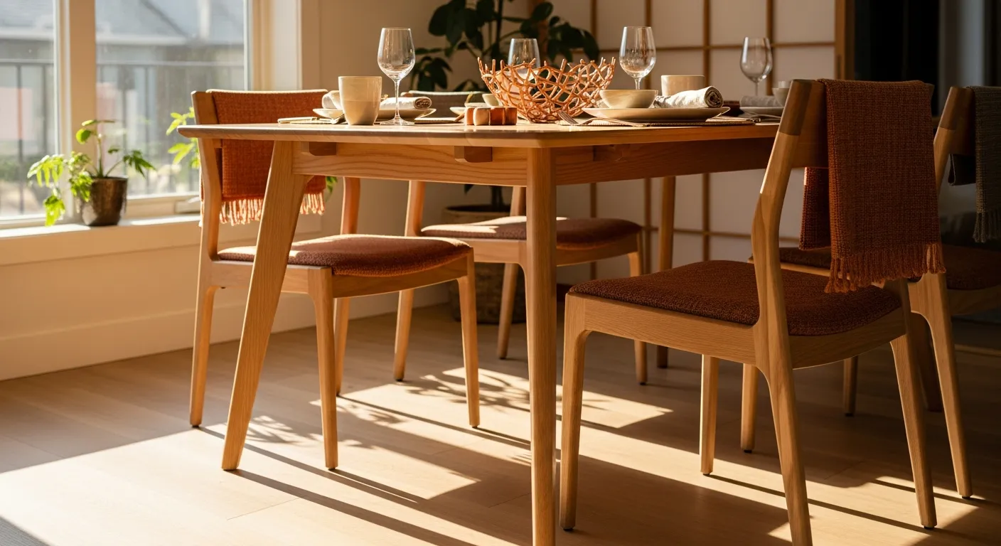 Step by step Japandi dining room ideas featuring minimalist natural wood furniture and soft lighting