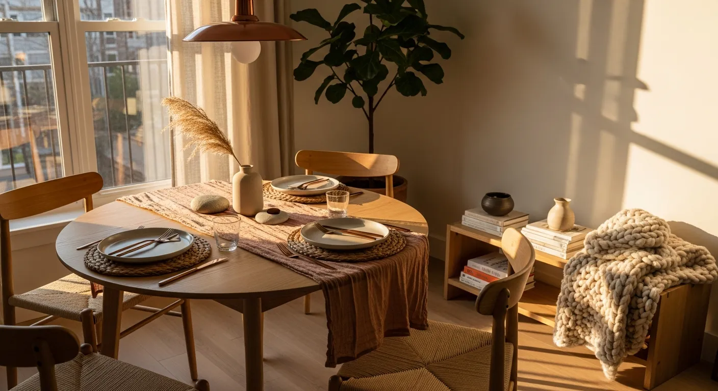 Styling tips for Japandi dining room ideas featuring a striking copper pendant light over a minimalist wooden table