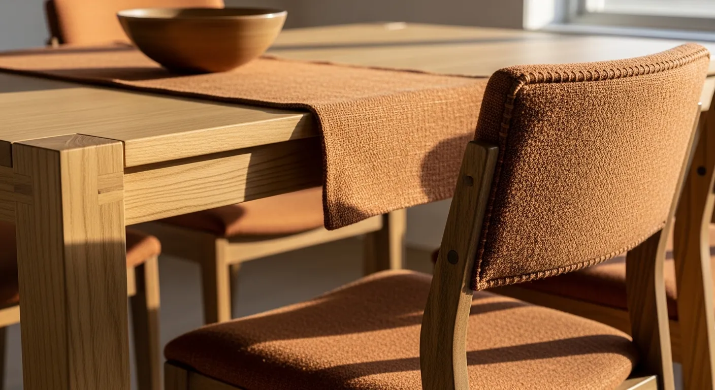 Essential furniture for Japandi dining room ideas featuring warm copper accents and natural wood dining tables