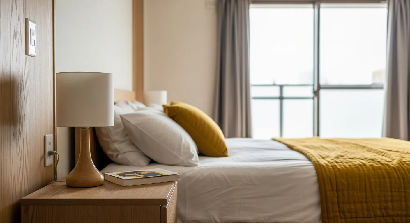 Light wood bedroom furniture with neutral textiles and elegant gold accents in Japandi style