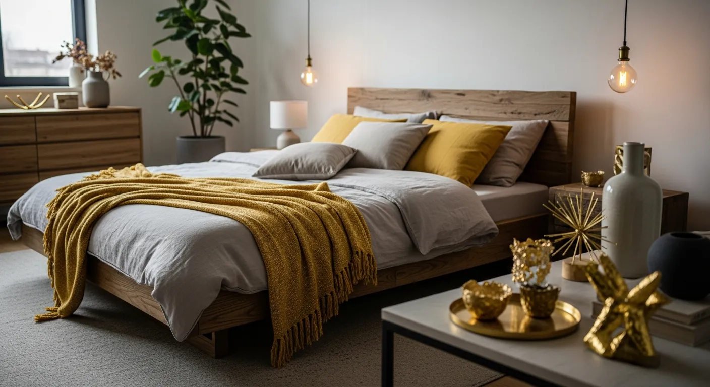 Neutral Japandi color palette showcasing warm gold metallic accents and cozy bedding