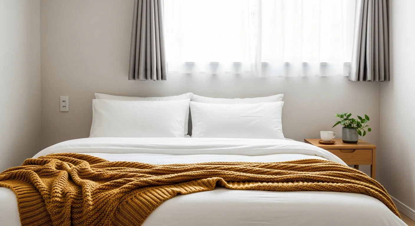 Calming minimalist bedroom layout with warm wood tones and vibrant gold aesthetic details
