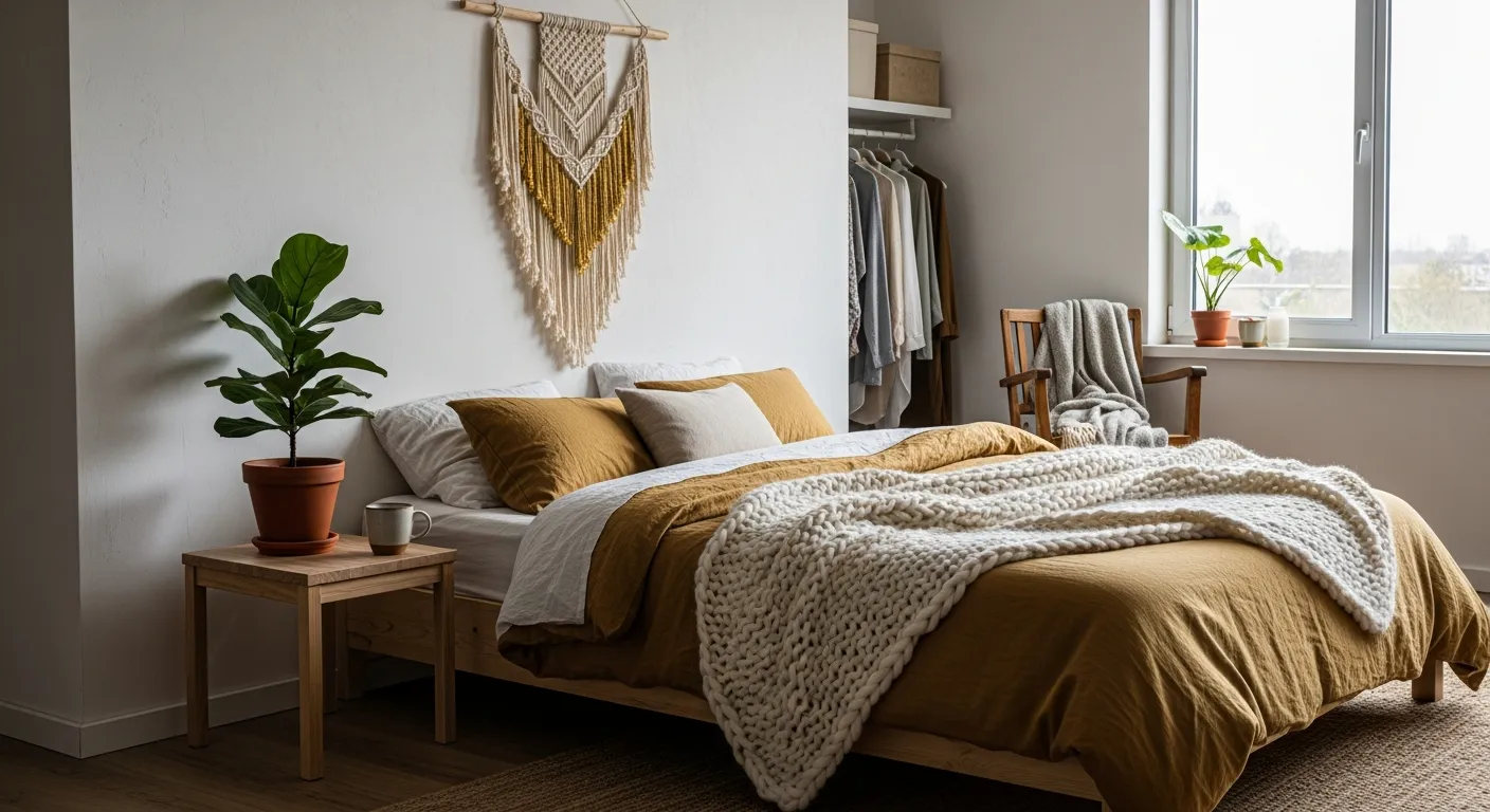 Styling a minimalist Japandi bedroom oasis with rich gold tones and natural wood elements