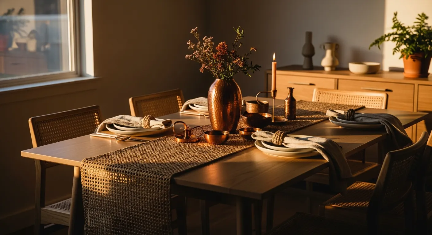 Color combinations for Japandi dining room ideas showcasing natural wood furniture and a stunning warm copper pendant light
