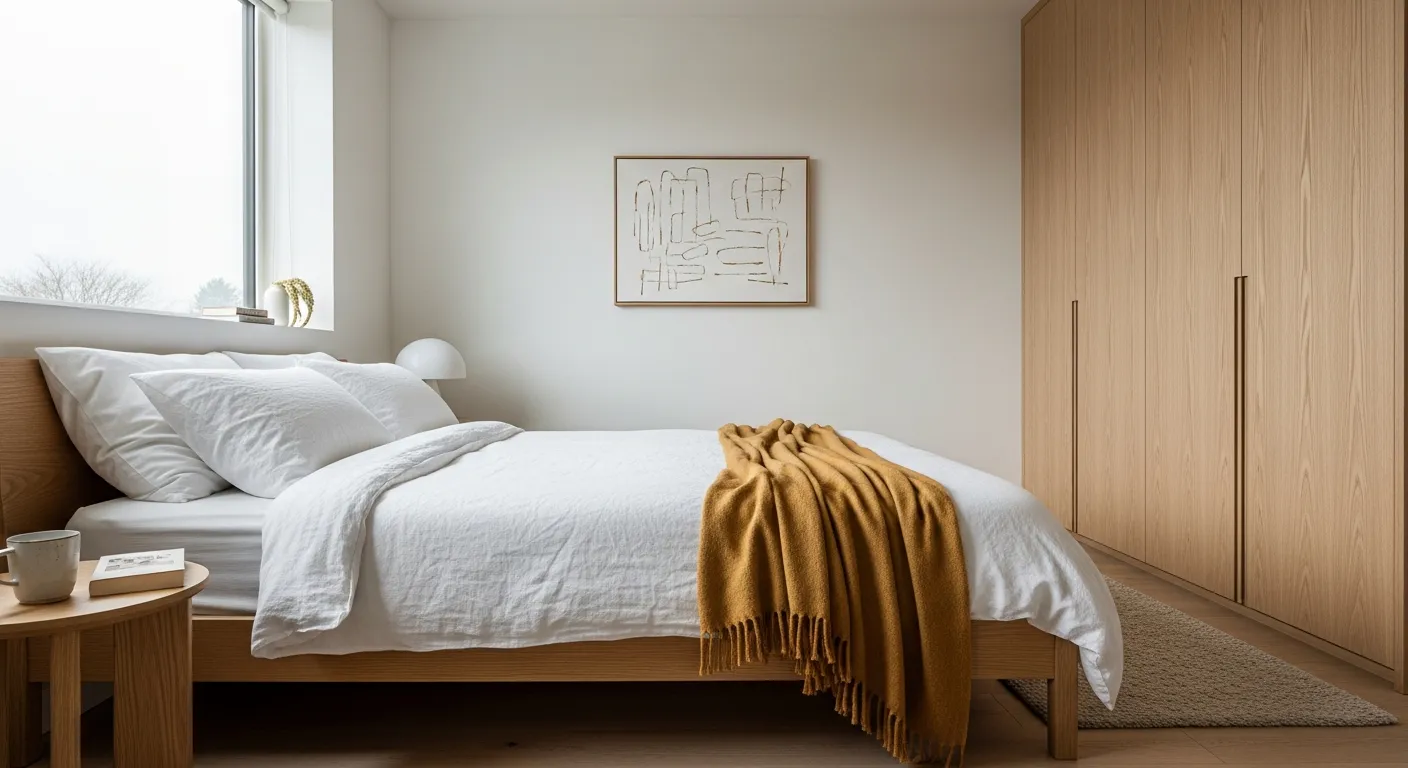 Cozy Japandi sanctuary featuring minimalist wood furniture, organic bedding, and golden hues