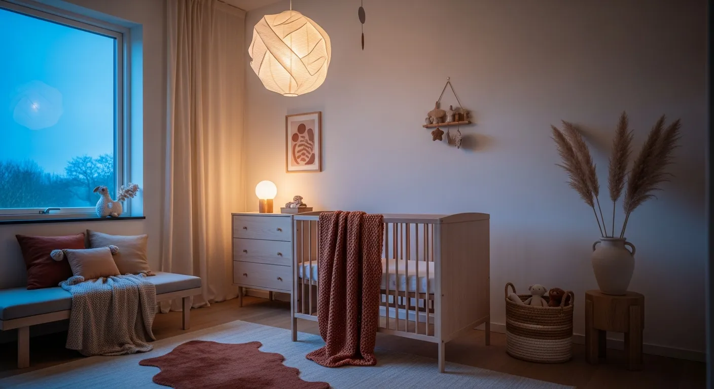Earthy terracotta accents and natural light wood furniture in a calming Japandi nursery