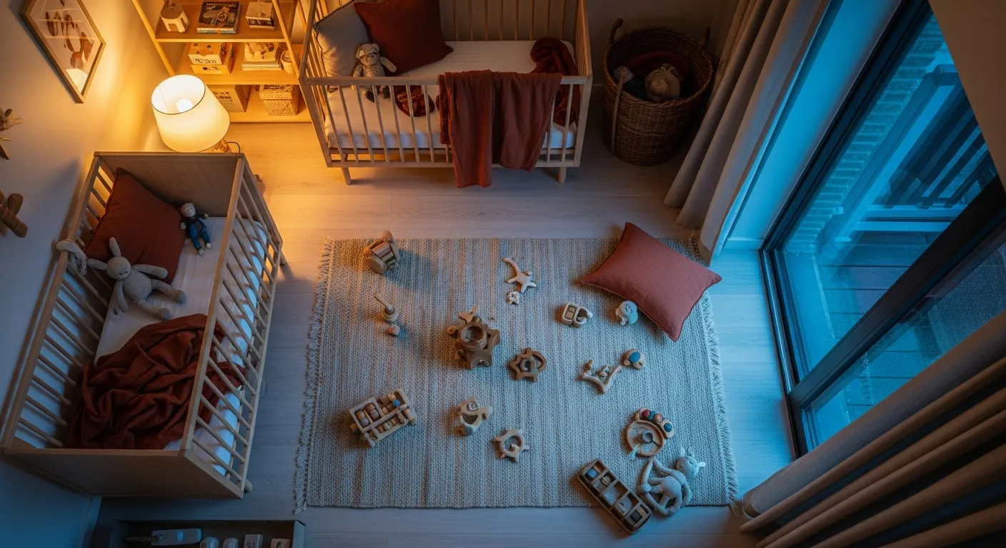 Japandi style light wood crib against warm terracotta walls in a minimalist nursery