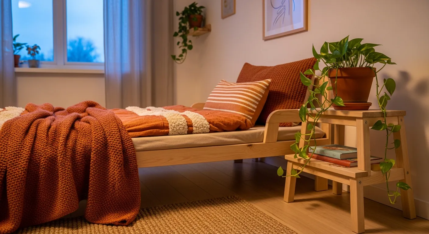 Earthy decor and wooden accents styling a terracotta Japandi nursery room