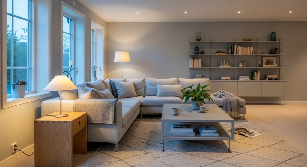 Cozy Scandinavian living room with light gray seating, minimalist decor, and warm wood accents