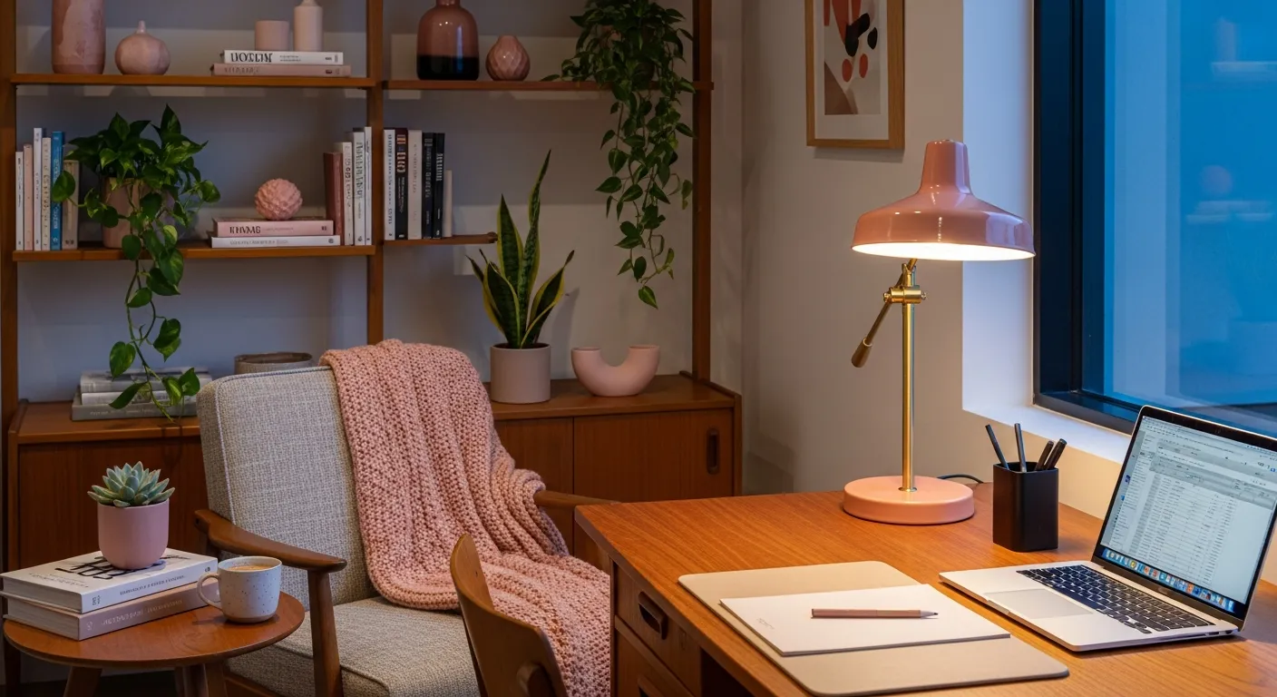 Styling ideas for a stylish mid-century modern home office featuring soft blush walls and a warm wooden desk
