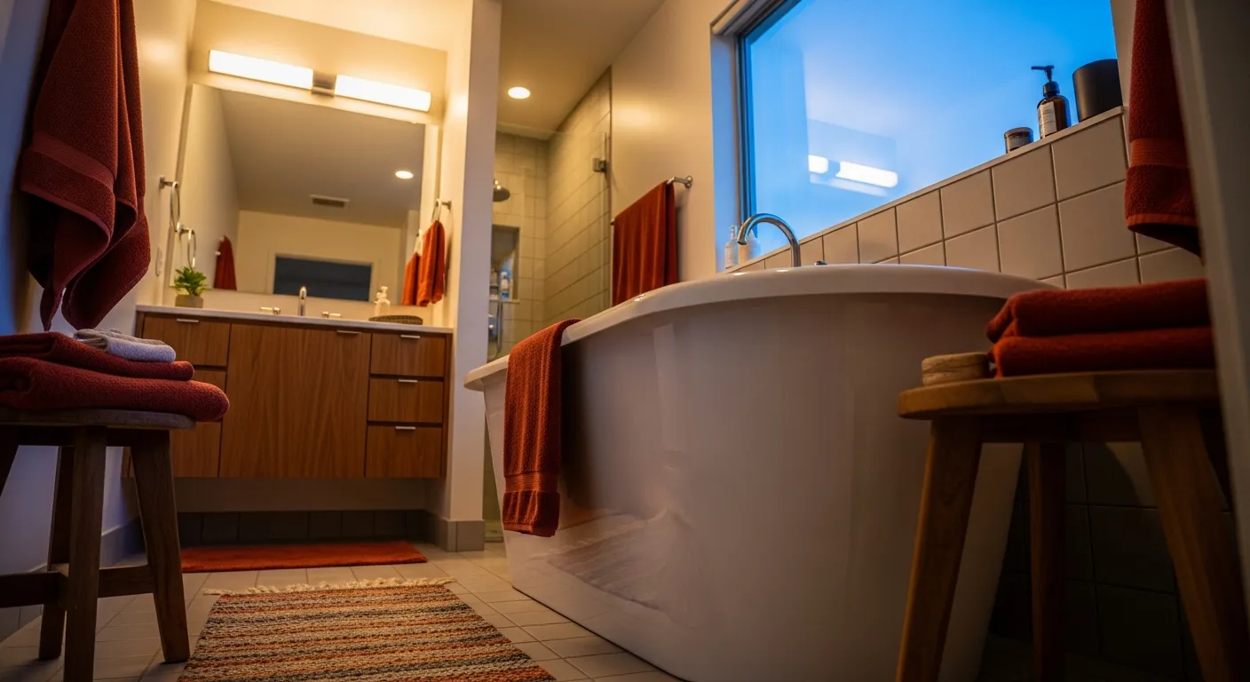 Elegant rust and wood mid-century modern bathroom oasis with retro sconces