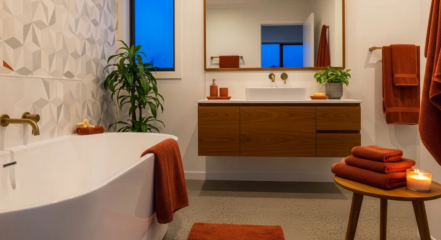 Vintage inspired mid-century modern bathroom showing rich rust paint and brass sink fixtures