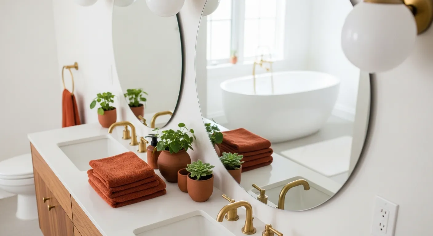 Beautifully styled mid-century modern bathroom featuring clean lines and warm rust coloring