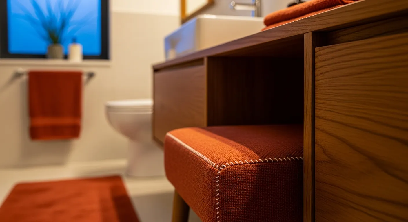 Floating walnut vanity and brass hardware highlighting sleek mid-century modern bathroom ideas
