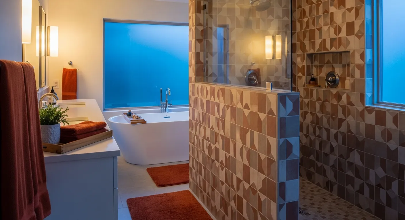 Relaxing mid-century modern bathroom oasis with rust colored wall tiles and wooden cabinetry