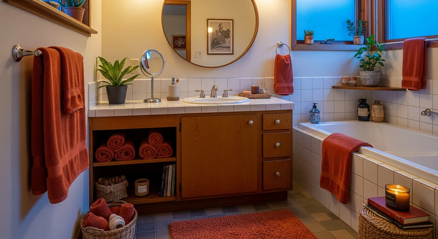 Affordable styling decor in an earthy rust mid-century modern bathroom with a wooden mirror