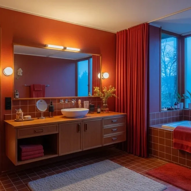 A stylish mid-century modern bathroom featuring rich rust walls and a sleek walnut vanity.