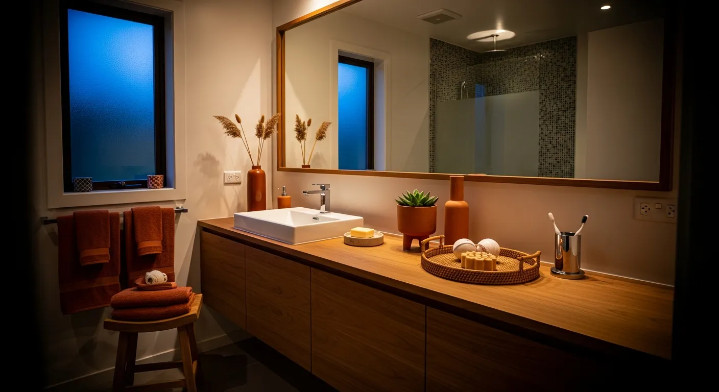 Rich rust tones paired with cream tiles and wood finishes in a stylish mid-century modern bathroom