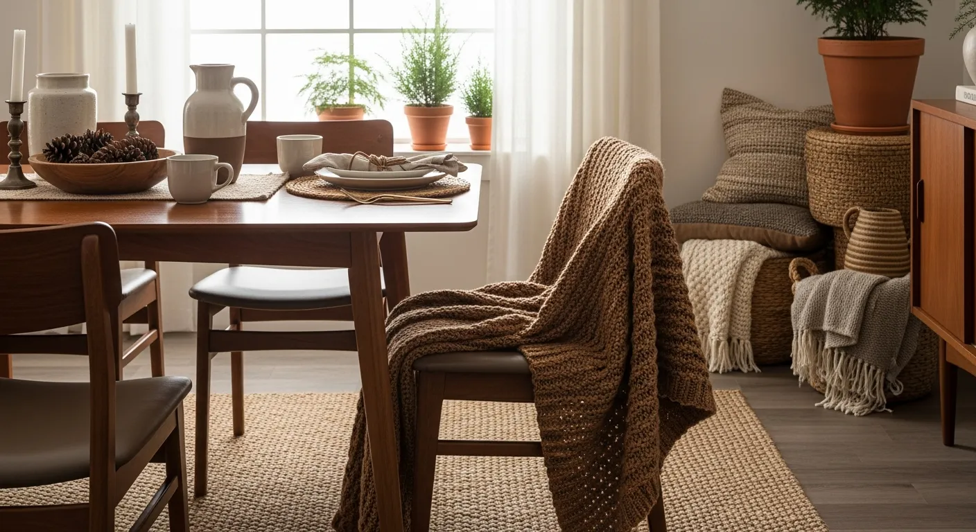 Styling tips for a warm brown mid-century modern dining room with a sleek walnut table