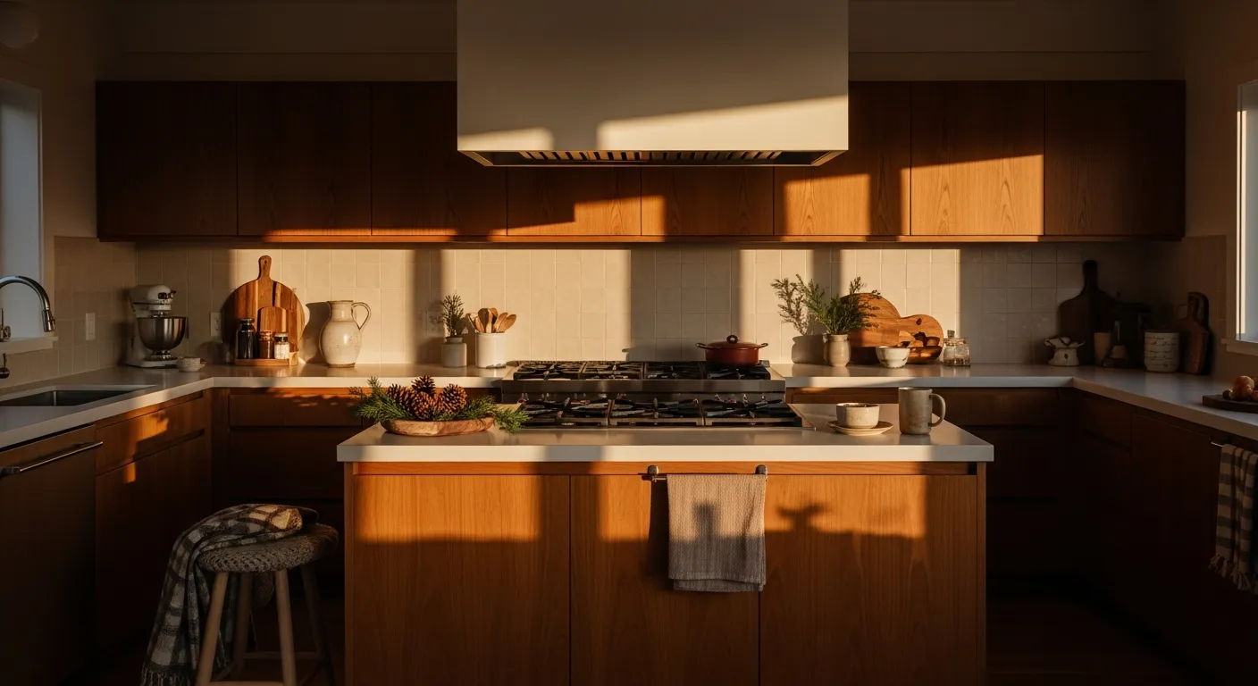 Recreating a mid-century modern kitchen aesthetic with warm brown wood finishes