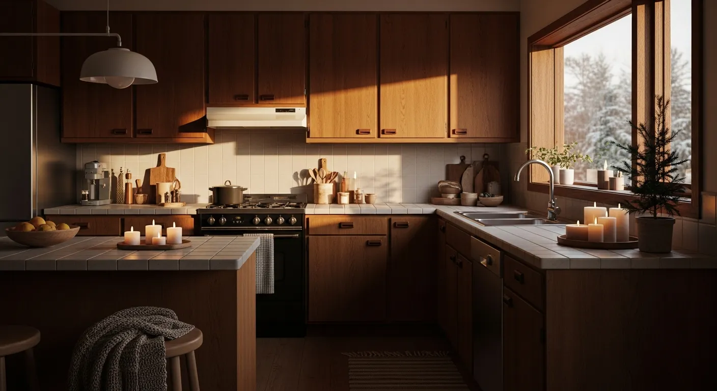 Cozy winter warm brown mid-century modern kitchen showcasing walnut cabinets
