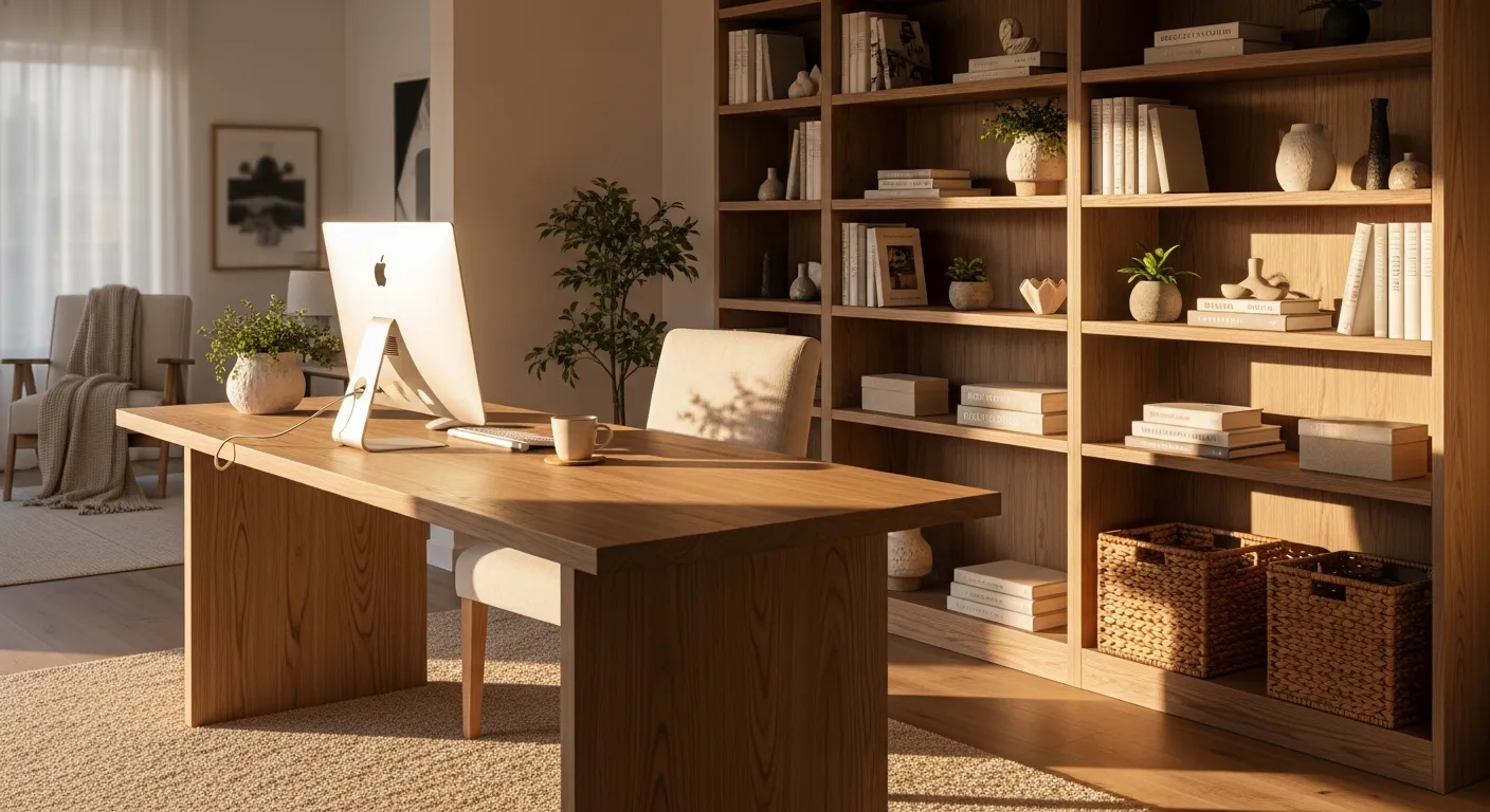 Minimalist cream Japandi home office featuring a light wood desk and soft neutral styling textures