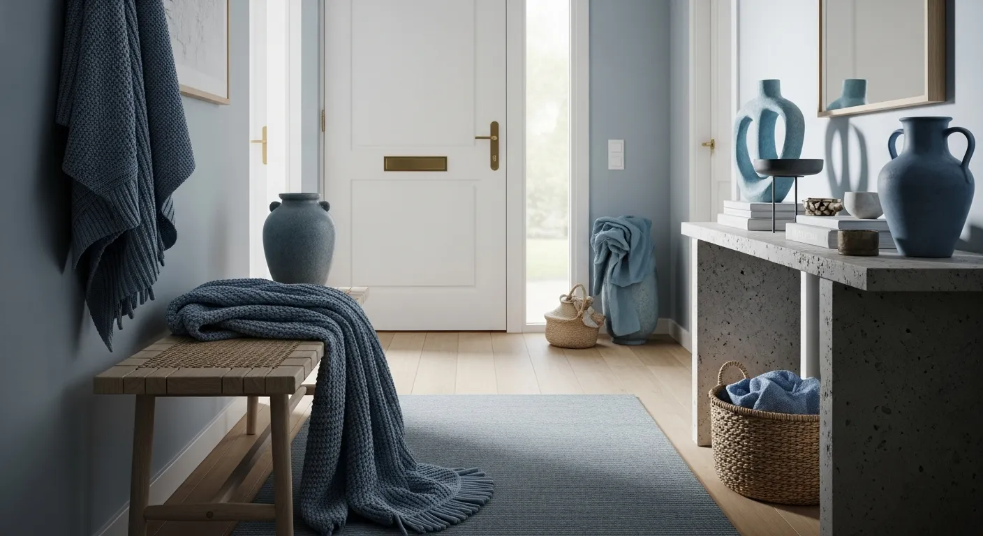 Serene color combinations for minimalist entryway ideas against a dusty blue wall