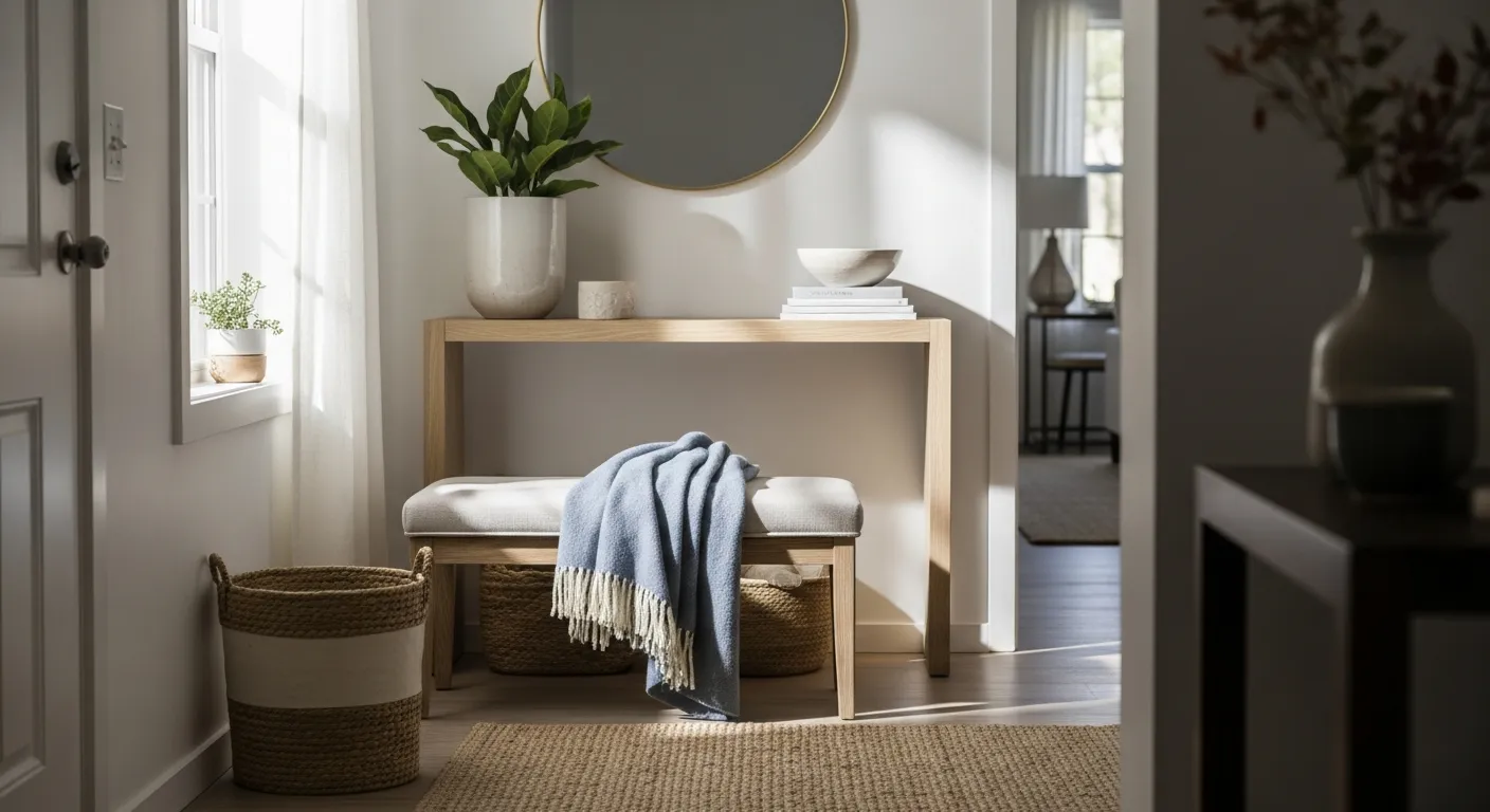 Styling tips for minimalist entryway ideas with sleek furniture and soft blue paint