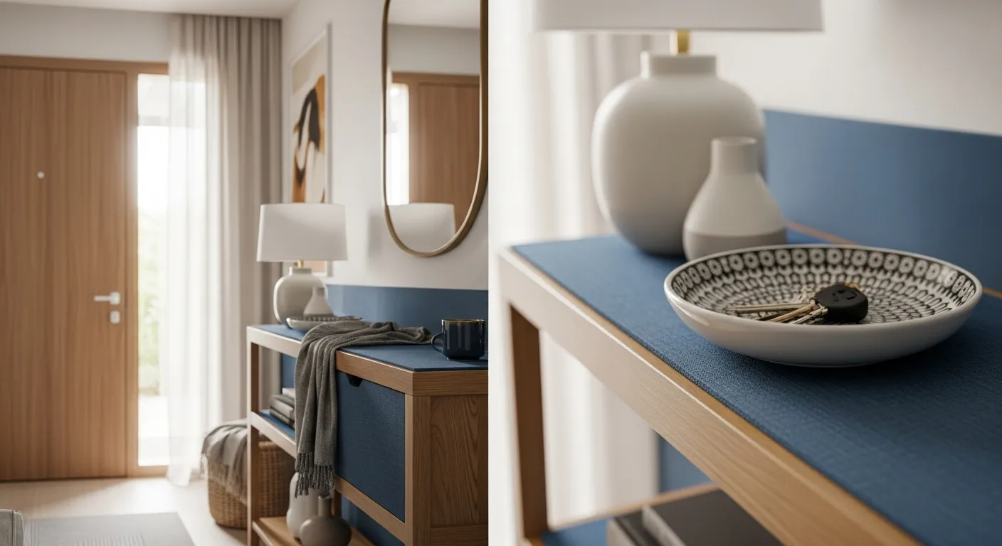 Step by step minimalist entryway ideas highlighting dusty blue paint and soft lighting