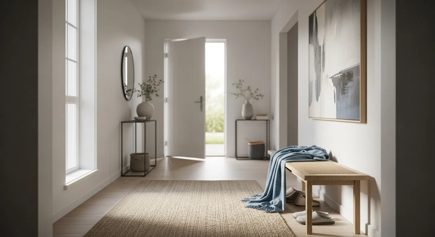 Warm lighting and dusty blue walls inspiring minimalist entryway ideas for the home