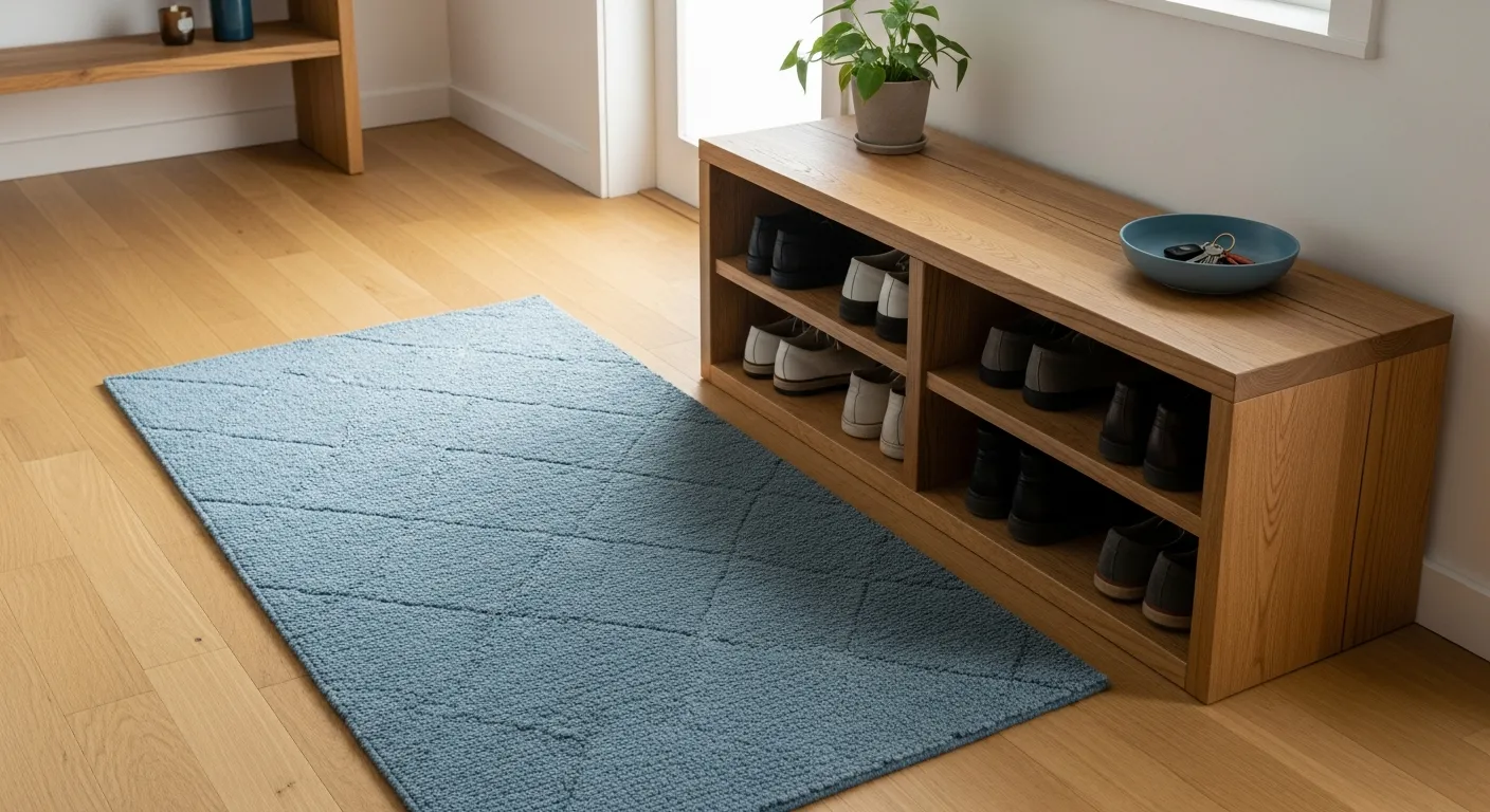 Clean minimalist entryway ideas showcasing soft dusty blue walls and simple decor