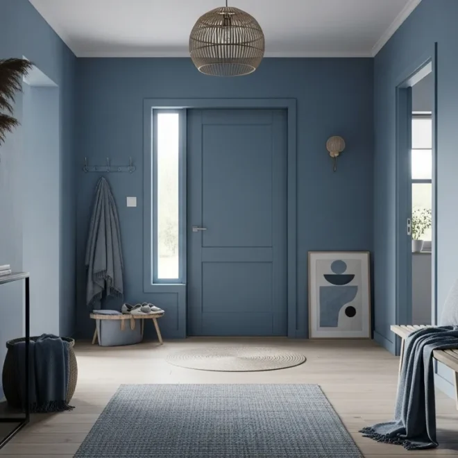 Minimalist entryway featuring a soft dusty blue accent wall and sleek modern console.